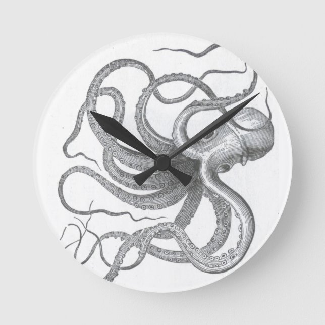 Nautical steampunk octopus vintage kraken drawing round clock (Front)