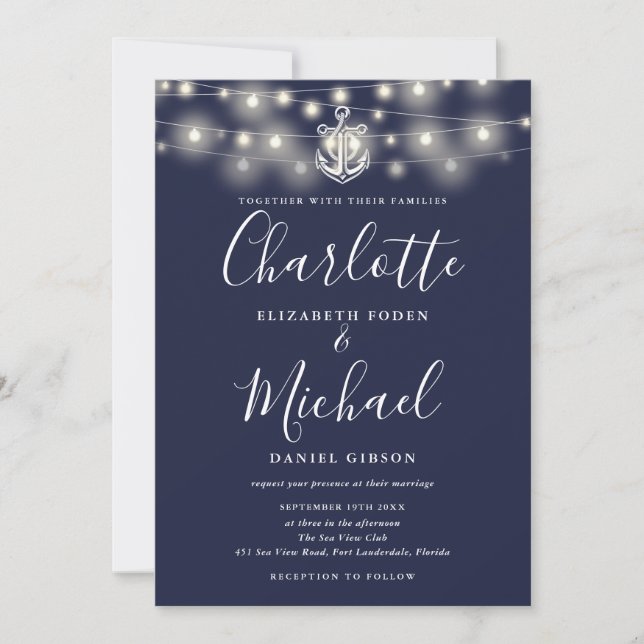 Nautical String Lights Monogram Navy Blue Wedding Invitation (Front)