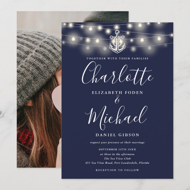Nautical String Lights Navy Blue Photo Wedding Invitation (Front/Back)