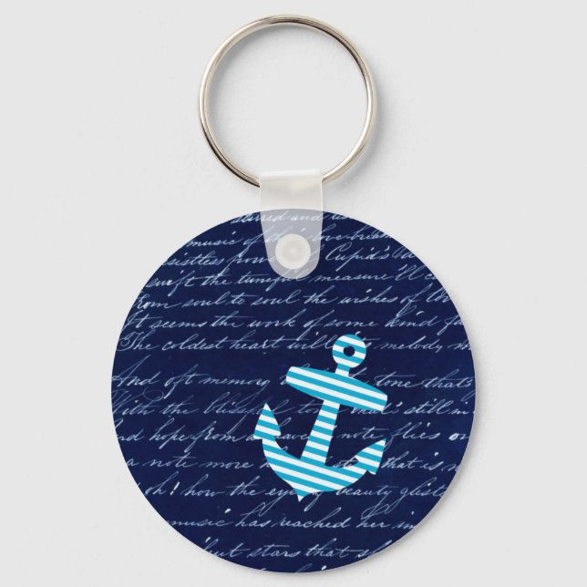 Nautical Stripe anchor handwriting design Key Ring (Front)