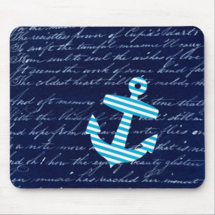 Nautical Stripe anchor handwriting design Mouse Mat