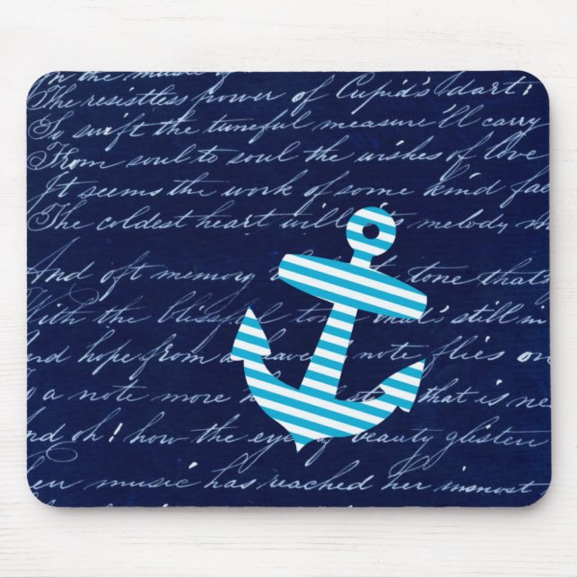 Nautical Stripe anchor handwriting design Mouse Mat (Front)