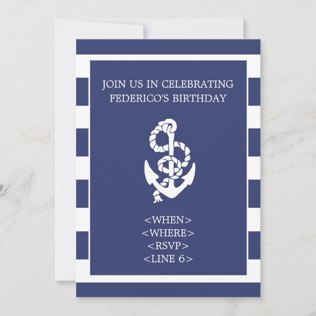 Nautical Stripe Anchor Party Invitation, Navy Blue Invitation (Front)