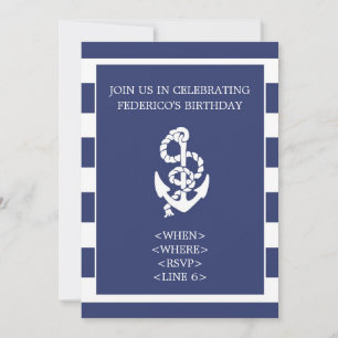 Nautical Stripe Anchor Party Invitation, Navy Blue Invitation