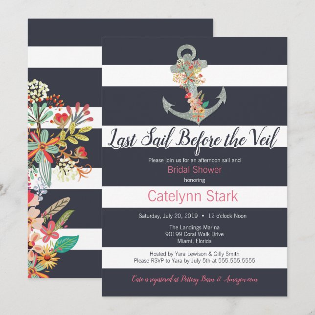 Nautical Stripe Floral Anchor Bridal Shower Invitation (Front/Back)