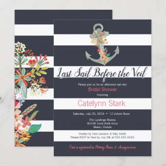 Nautical Stripe Floral Anchor Bridal Shower Invitation