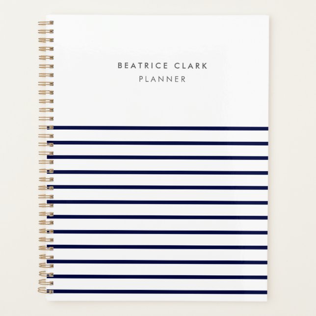 Nautical Stripe Navy Blue Stylish Trendy Modern Planner (Front)
