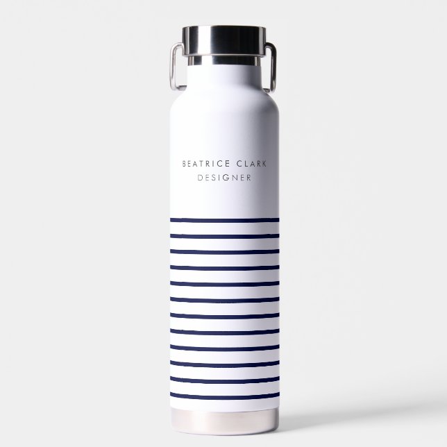 Nautical Stripe Navy Blue Stylish Trendy Modern Wa Water Bottle (Front)