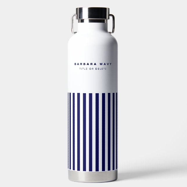 Nautical Stripe Navy Blue Trendy Simple Stylish Water Bottle (Front)