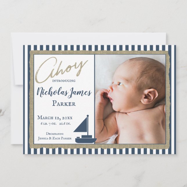 Nautical Stripe Sailboat Photo Birth Announcement (Front)