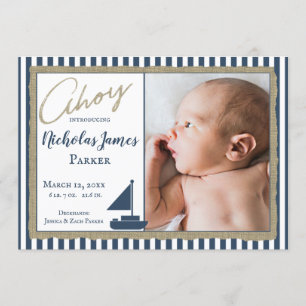 Nautical Stripe Sailboat Photo Birth Announcement