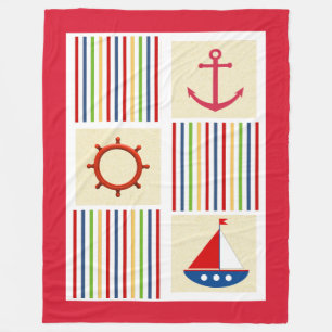 Nautical Stripe Sherpa Fleece Blanket with Anchor