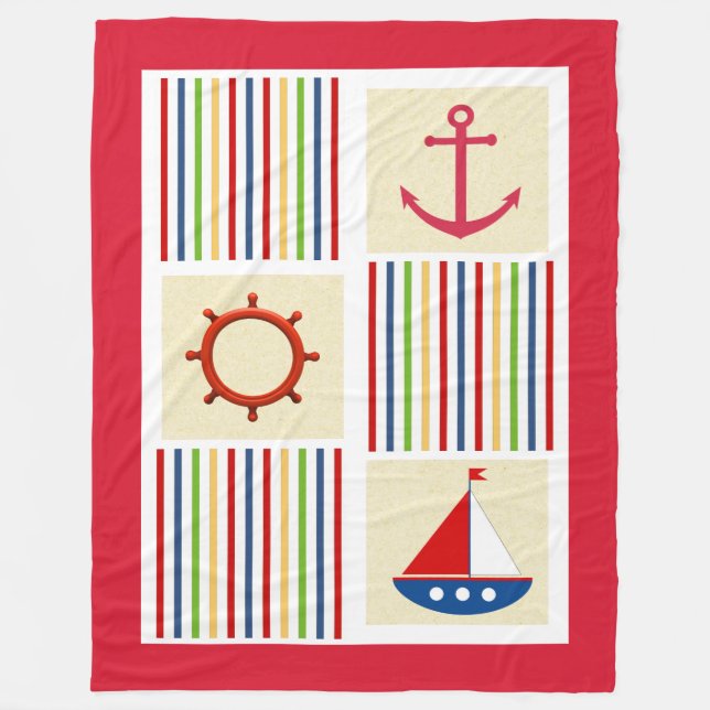 Nautical Stripe Sherpa Fleece Blanket with Anchor (Front)
