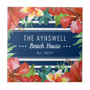 Nautical Stripe Tropical Floral Beach House Tile