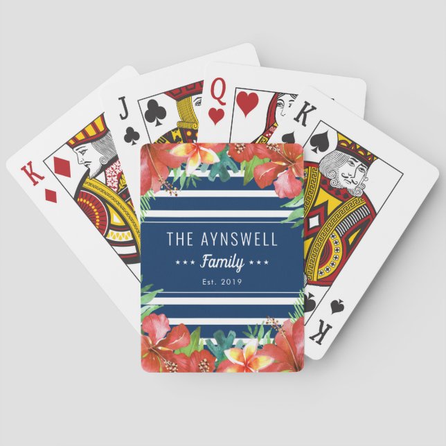Nautical Stripe Tropical Floral Family Playing Cards (Back)