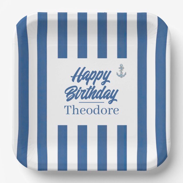 Nautical Striped Anchor Birthday Paper Plate (Front)