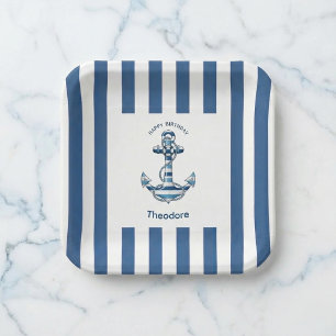 Nautical Striped Anchor Birthday Paper Plate