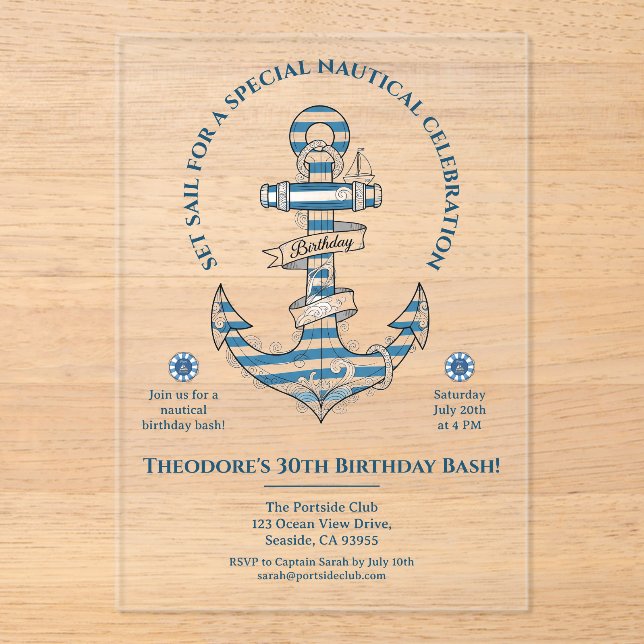 Nautical Striped Anchor Birthday Party Acrylic Invitations (Front)