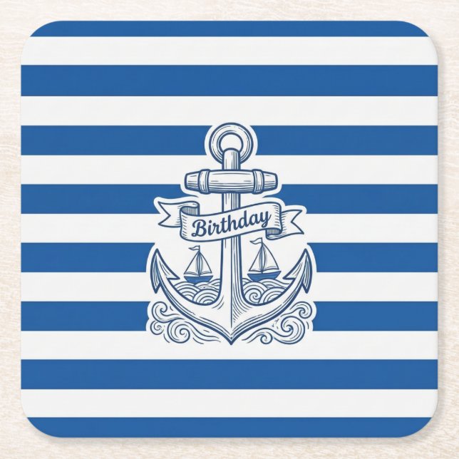 Nautical Striped Anchor Birthday Square Paper Coaster (Front)