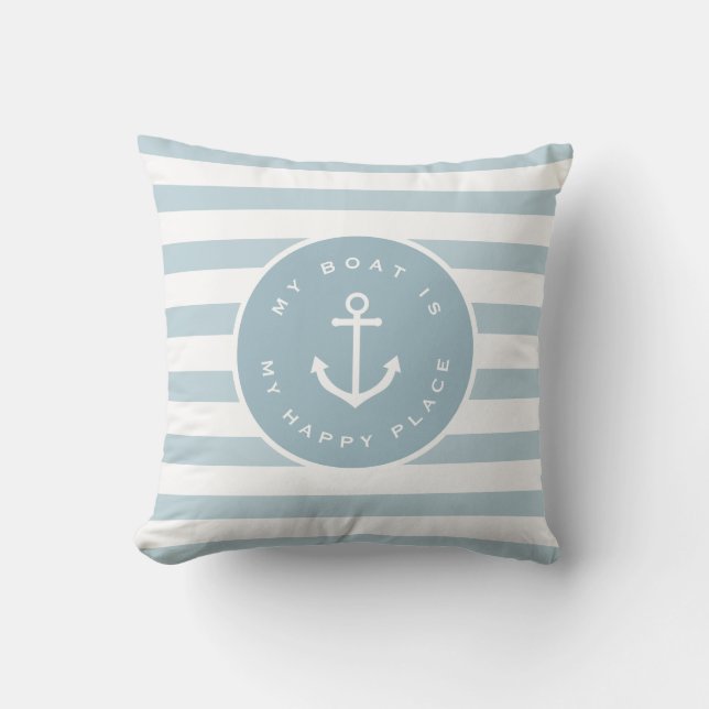 Nautical striped my boat is my happy place  throw  cushion (Front)