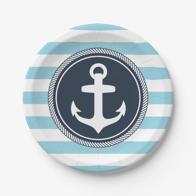 Nautical Striped Navy and Light Blue Paper Plate (Front)