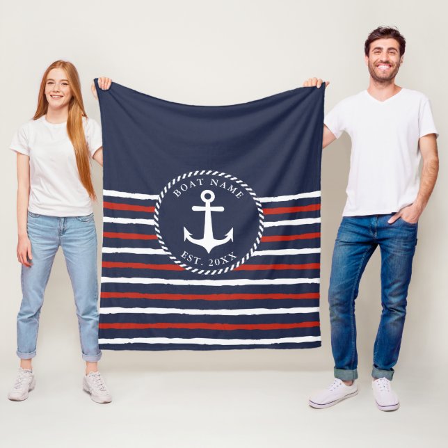 Nautical Striped Navy Blue Red White Anchor Fleece Blanket (In Situ)