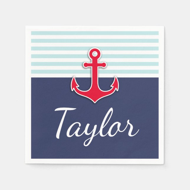 Nautical Striped Pattern Red Anchor Custom Text Napkin (Front)
