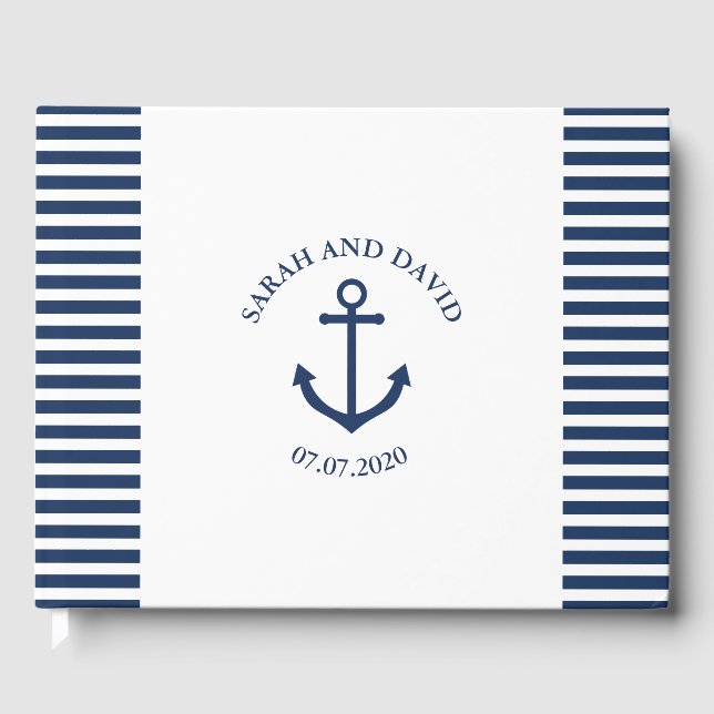 Nautical striped wedding guest book with anchor (Front)