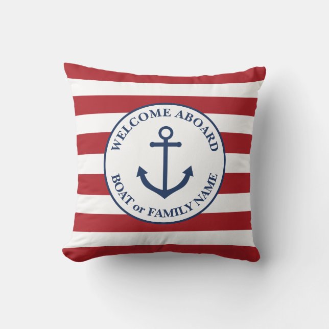 Nautical striped welcome aboard pillow (Front)