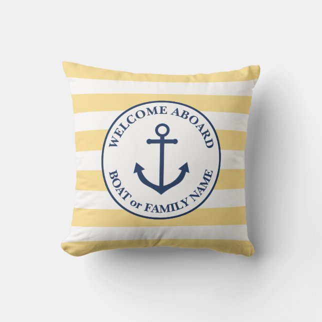 Nautical striped welcome aboard pillow (Front)
