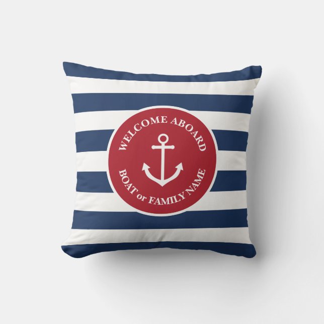 Nautical striped welcome aboard pillow (Front)