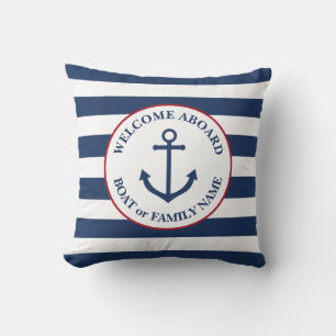 Nautical striped welcome aboard pillow