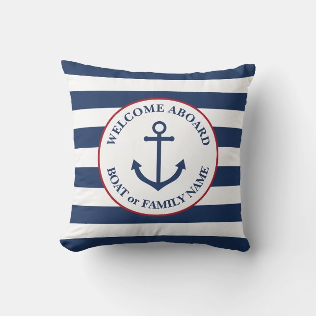 Nautical striped welcome aboard pillow (Front)