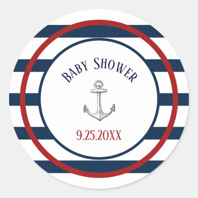 Nautical Stripes and Anchor Baby Shower Classic Round Sticker (Front)