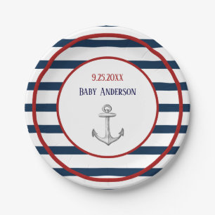 Nautical Stripes and Anchor Baby Shower Paper Plate