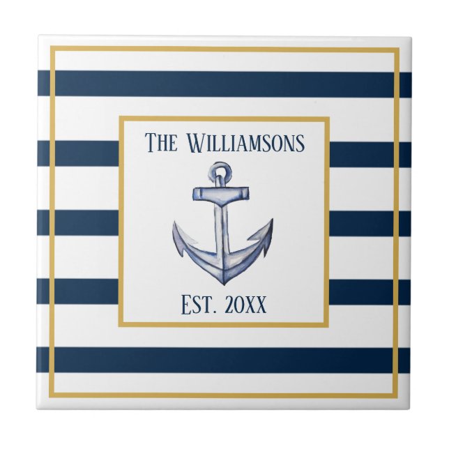 Nautical Stripes and Anchor Personalised Wedding Tile (Front)