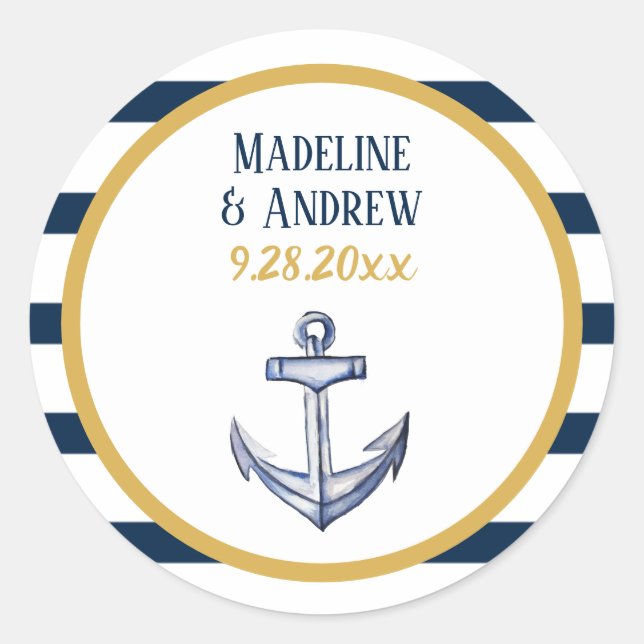 Nautical Stripes and Anchor Wedding Classic Round Sticker (Front)