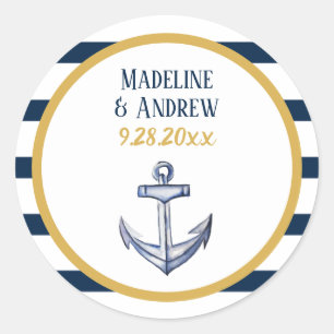 Nautical Stripes and Anchor Wedding Classic Round Sticker