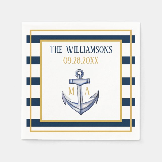 Nautical Stripes and Anchor Wedding Napkin (Front)