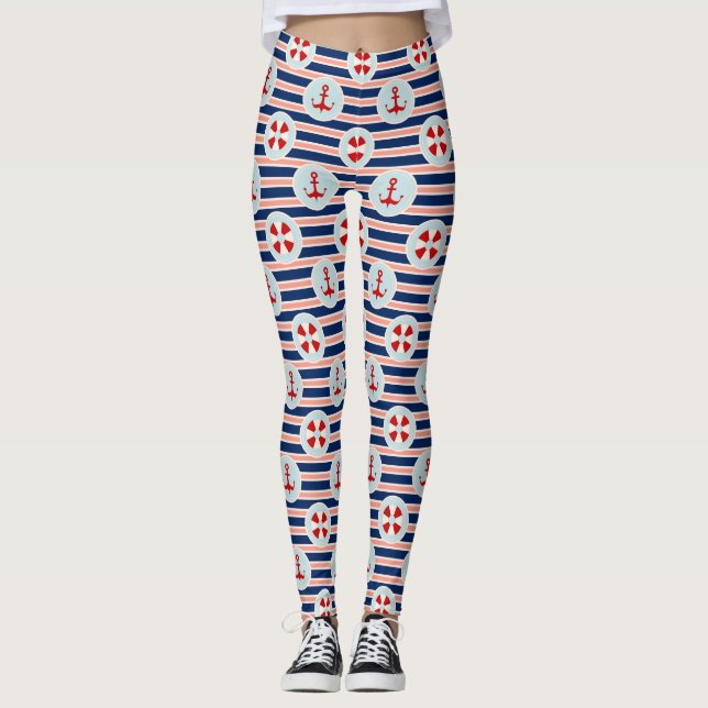 Nautical Stripes And Dots Pattern Leggings (Front)