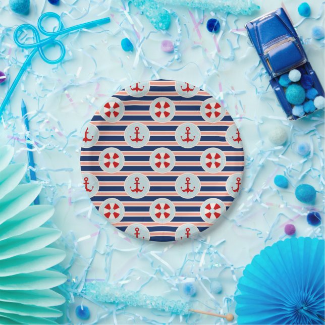 Nautical Stripes And Dots Pattern Paper Plate (Party)