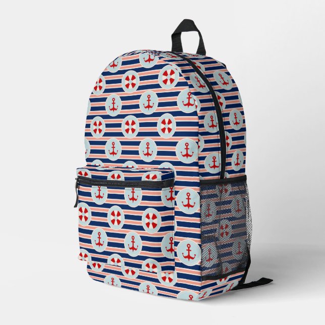 Nautical Stripes And Dots Pattern Printed Backpack (Back Corner Right)