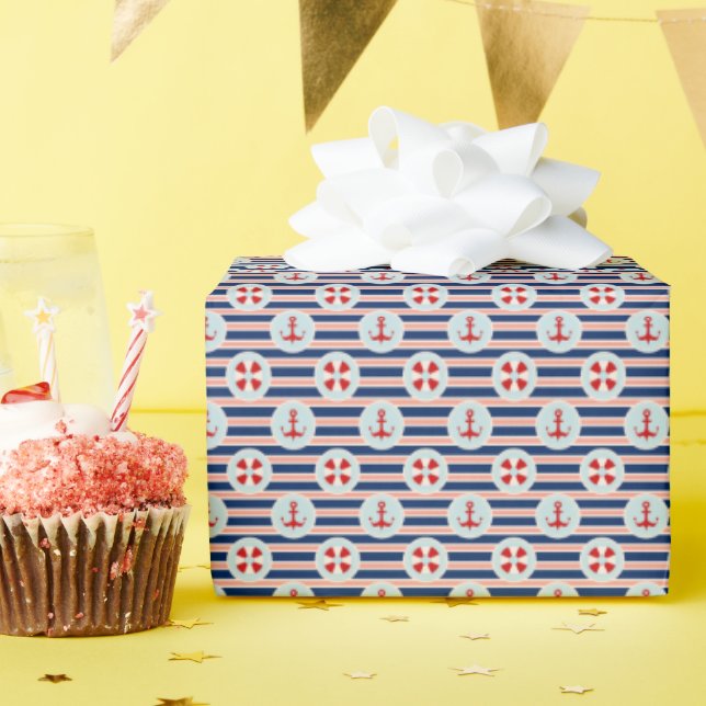 Nautical Stripes And Dots Pattern Wrapping Paper (Birthday Party)