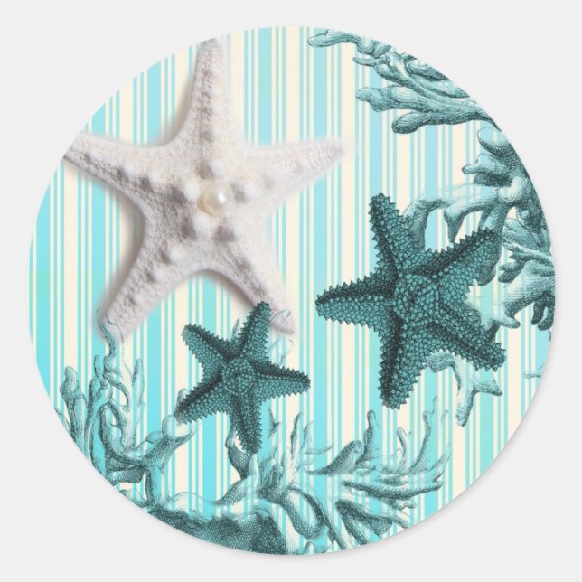 nautical stripes aqua blue starfish seashells classic round sticker (Front)