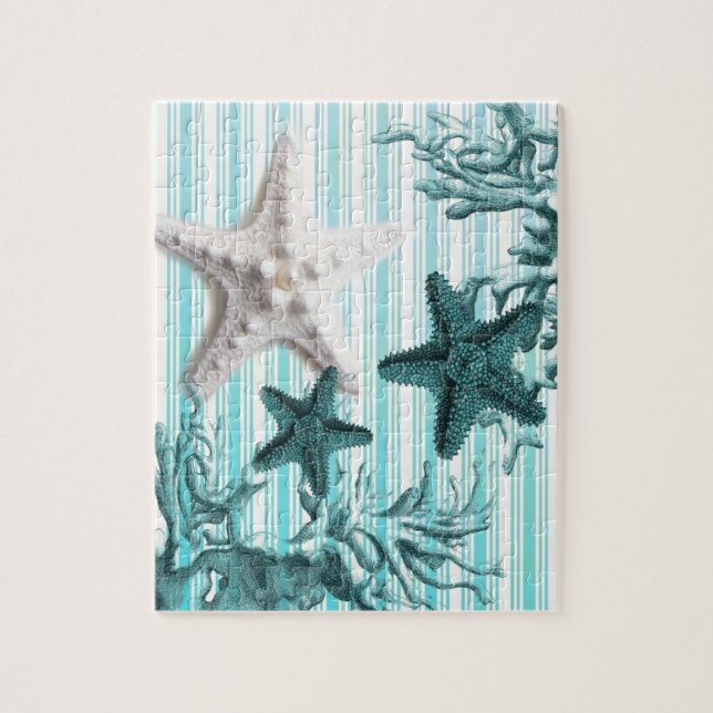 nautical stripes aqua seashells blue starfish jigsaw puzzle (Vertical)