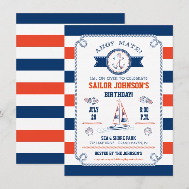 Nautical Stripes Birthday Invitation (Front/Back)