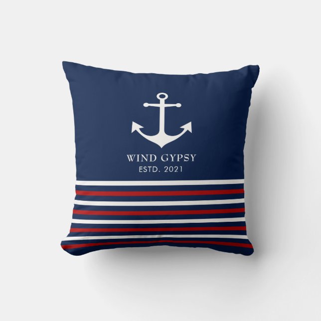 Nautical Stripes Blue Red White Anchor Custom Cushion (Front)
