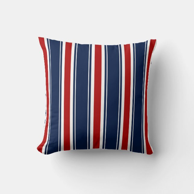 Nautical Stripes –Blue, White, Red Coastal Cushion (Front)