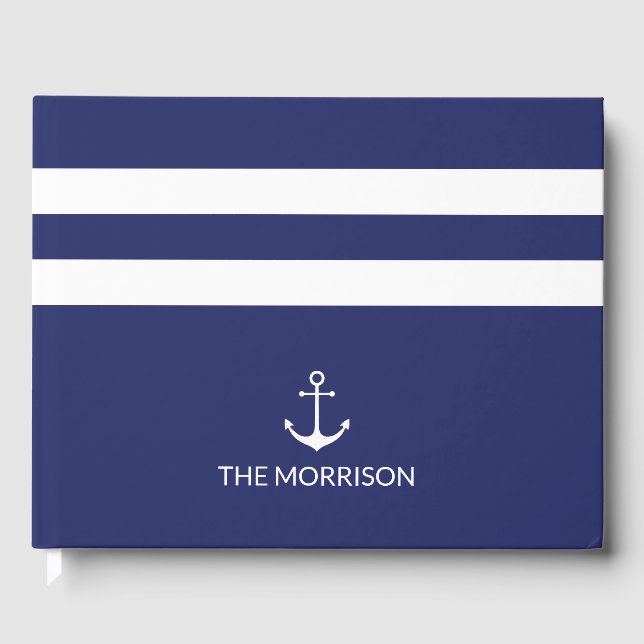 Nautical Stripes Boat Name navy blue white anchor Guest Book (Front)