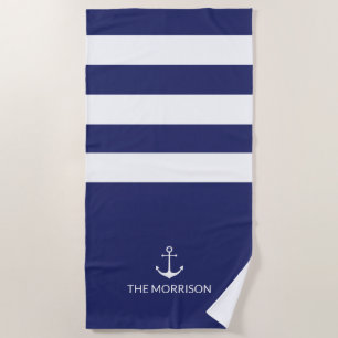 Nautical Stripes Boat Name white anchor navy blue Beach Towel